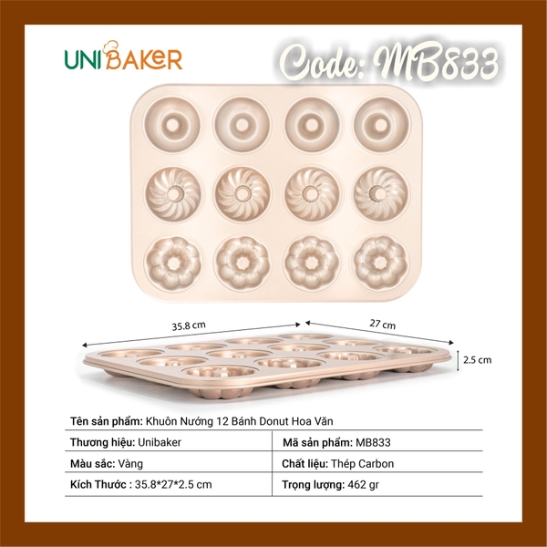 MB833 - Khuôn nướng DONUT Tròn, Xoắn, Hoa UNIBAKER - GOLD (6/12)
