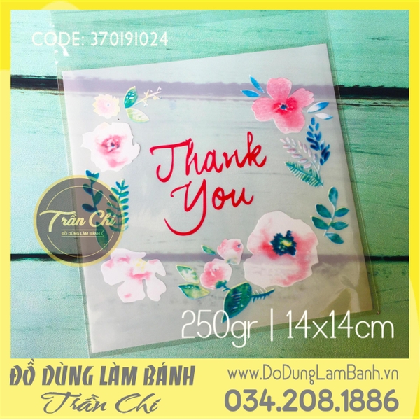 Túi DÁN đựng bánh kẹo Size 14x14cm - Hình vòng Hoa THANK YOU Trắng - Xấp 95-100c (D1401)