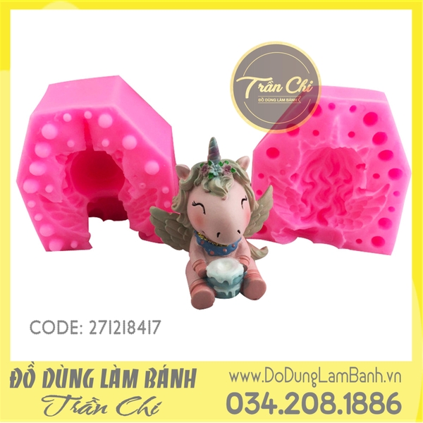 Khuôn silicone Ngựa Unicorn 2 cánh cài hoa ngồi (2 mảnh)