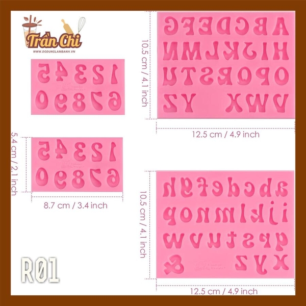 R01 - Set 3 khuôn silicone chữ in, chữ thường và số NÉT CONG (8/12)