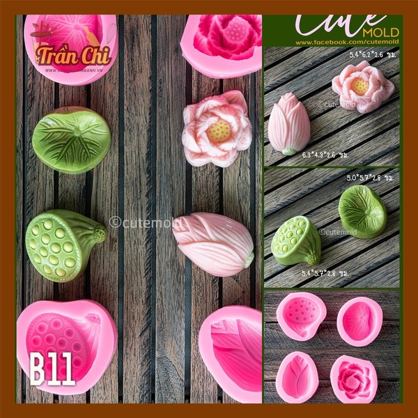 B11 - Combo bộ 4 khuôn silicone chủ đề SEN (Búp, Hoa, Gương, Lá) (11/12)