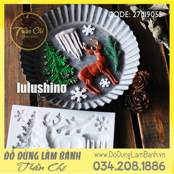Khuôn silicone Tuần lộc, thông, băng và hoa tuyết chữ nhật - Xám
