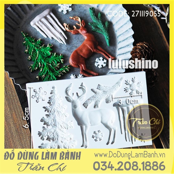Khuôn silicone Tuần lộc, thông, băng và hoa tuyết chữ nhật - Xám