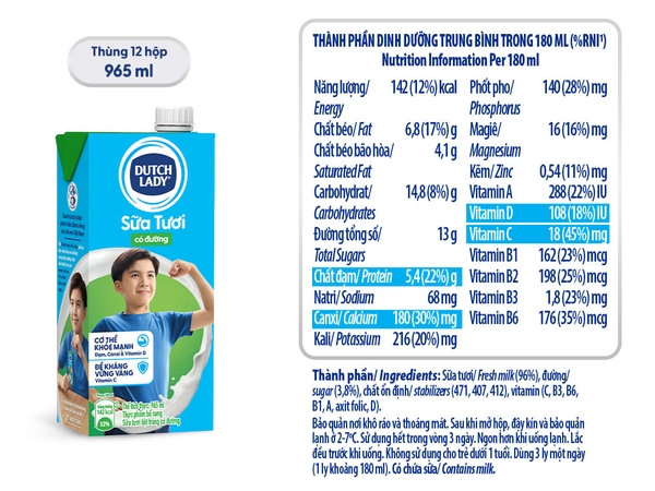 Sữa Tươi tiệt trùng CÓ ĐƯỜNG Dutch Lady - Hộp 965ml