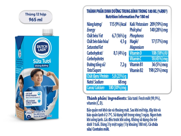 Sữa Tươi tiệt trùng KHÔNG ĐƯỜNG Dutch Lady - Hộp 965ml