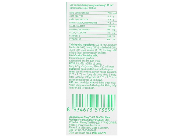 Sữa tươi CÓ ĐƯỜNG VINAMILK - Hộp 1L