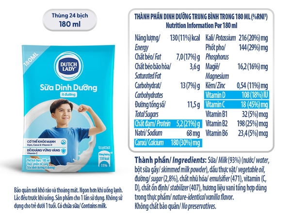 Sữa Tươi dinh dưỡng ÍT ĐƯỜNG Dutch Lady - Gói 180ml