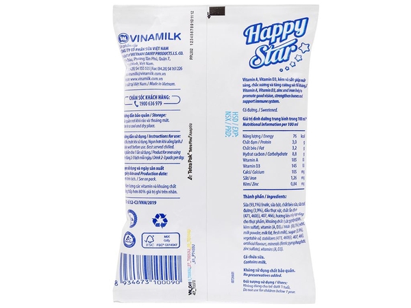 Sữa Tươi dinh dưỡng CÓ ĐƯỜNG Happy Star Vinamilk - Gói 220ml