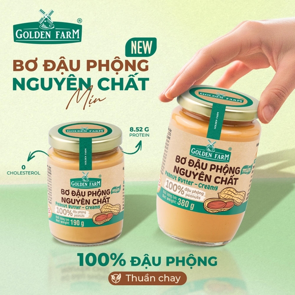 Bơ Đậu Phộng NGUYÊN CHẤT Mịn Golden Farm - Hủ 380gr