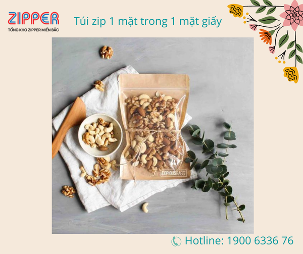 Túi zip giấy kraft đáy đứng 1 mặt trong 1 mặt giấy (1kg)