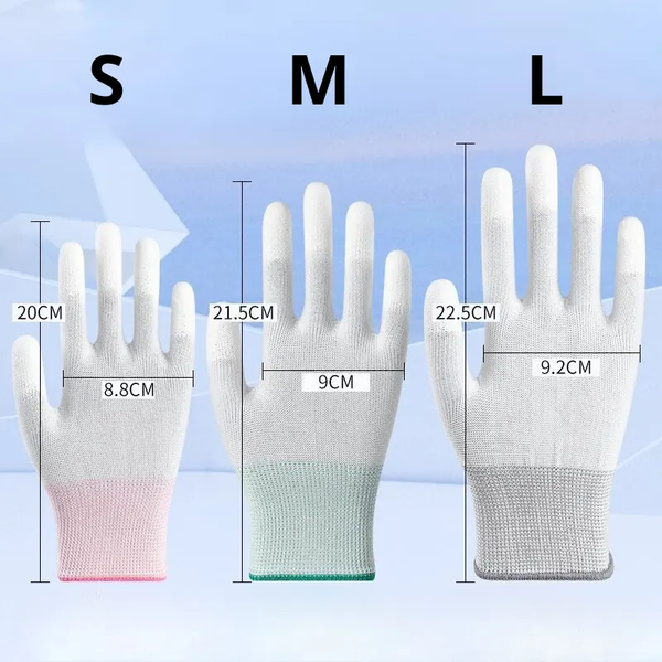 Kích thước tham khảo của các size S, M, L Găng tay phủ PU đầu ngón