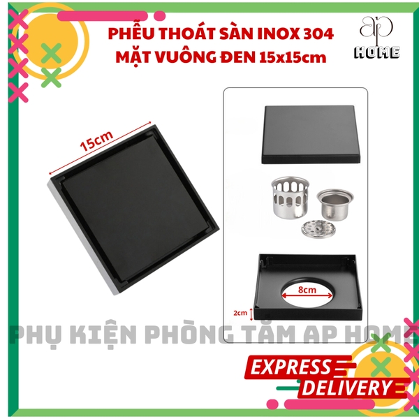 Phễu thu sàn vuông đen 15x15cm chất liệu INOX 304 dày chắc chắn
