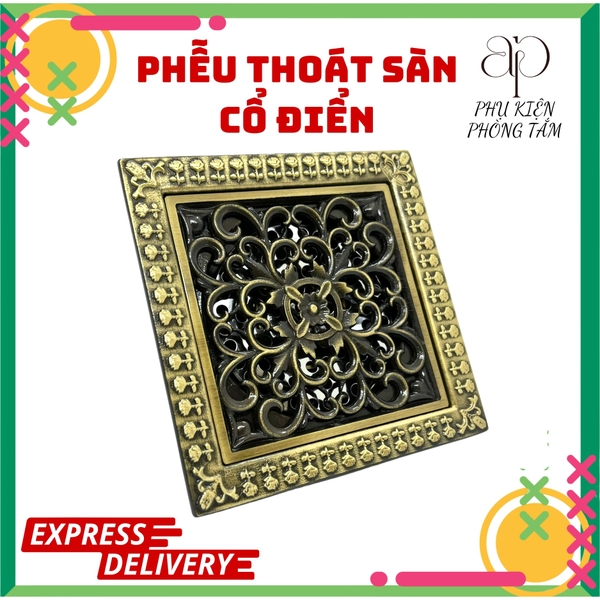 Phễu thoát sàn đồng cổ điển kích thước 12x12cm