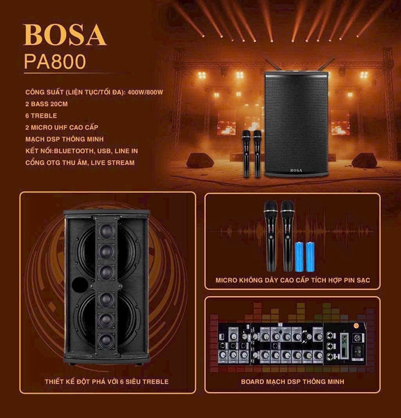 Loa Di Động Bosa PA800, 2 loa bass 20+ 6 loa treble | Vinakara.com