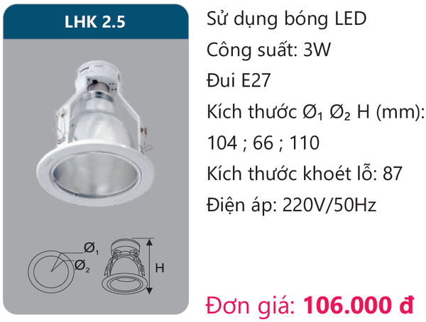 Đèn Led âm trần downlight Duhal LHK 2.5