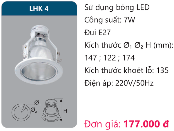 Đèn Led âm trần downlight Duhal LHK 4