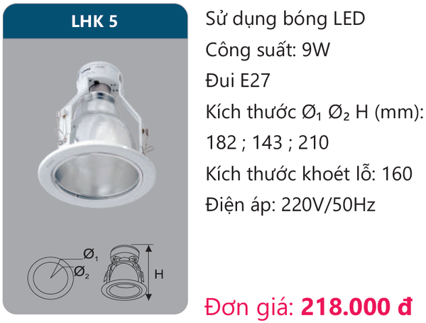 Đèn Led âm trần downlight Duhal LHK 5