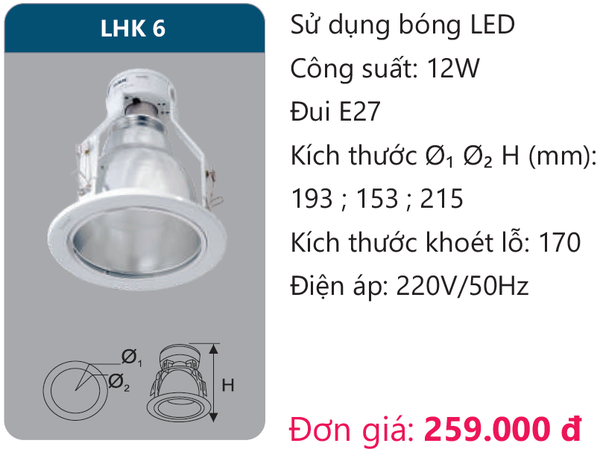 Đèn Led âm trần downlight Duhal LHK 6