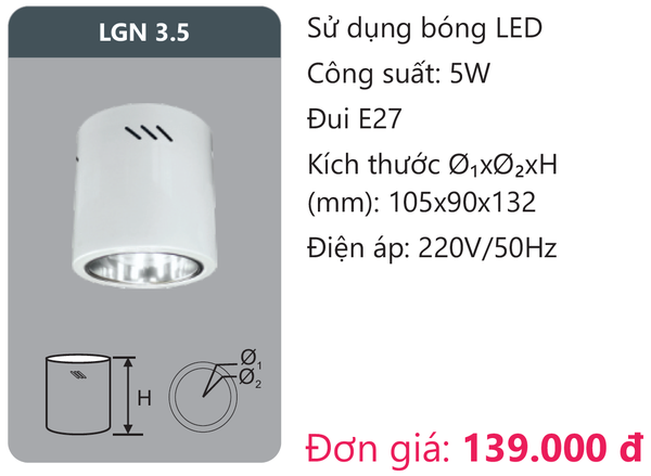 Đèn Led âm trần downlight gắn nổi Duhal LGN 3.5