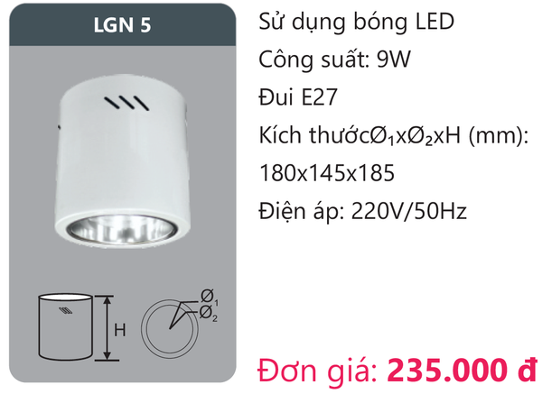 Đèn Led âm trần downlight gắn nổi Duhal LGN 5