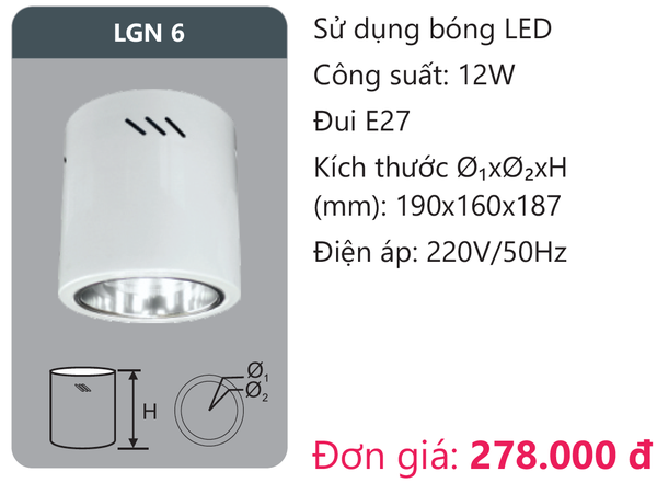 Đèn Led âm trần downlight gắn nổi Duhal LGN 6