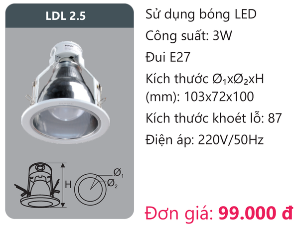 Đèn Led âm trần downlight gắn nổi Duhal LDL 2.5