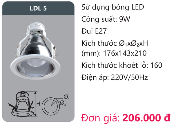 Đèn Led âm trần downlight gắn nổi Duhal LDL 5