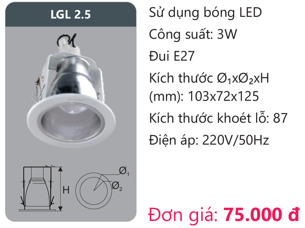 Đèn Led âm trần downlight viền sơn Duhal LGL 2.5