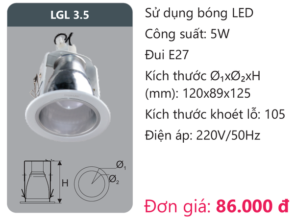 Đèn Led âm trần downlight viền sơn Duhal LGL 3.5