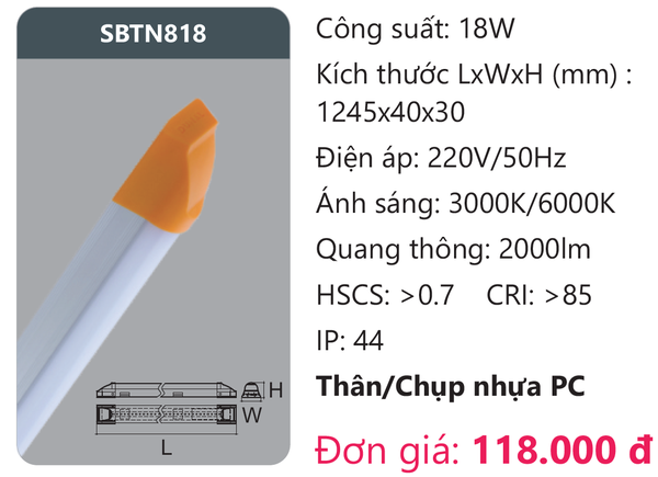 Đèn Led tuýp kiểu Batten Duhal SBTN818 thân nhựa