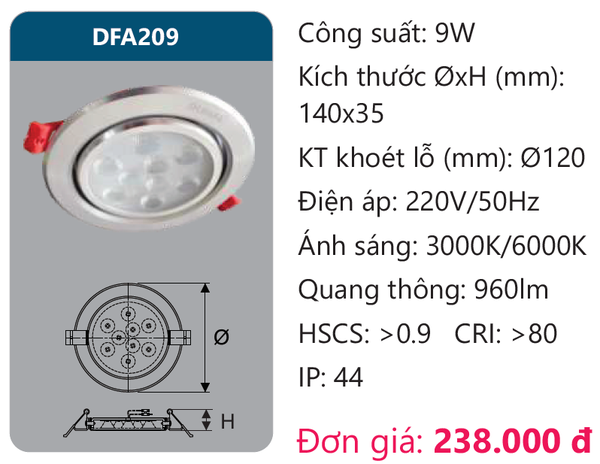 Đèn Led âm trần chiếu điểm Duhal DFA209