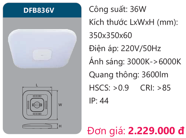 Đèn Led ốp trần điều khiển Duhal DFB836V