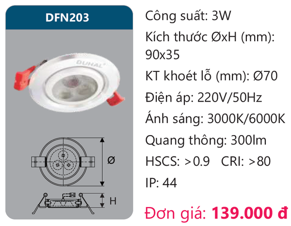 Đèn Led âm trần chiếu điểm Duhal DFN203