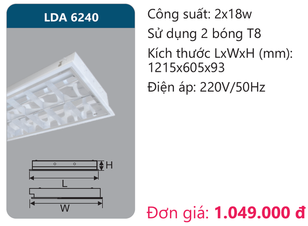 Máng đèn phản quang âm trần Duhal LDA 6240