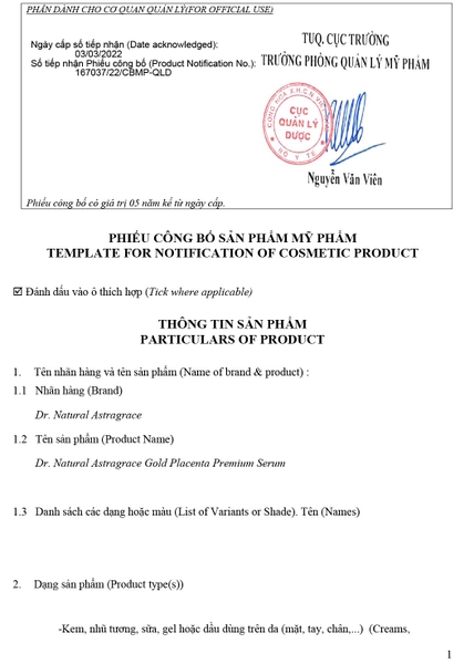 Serum Nhau Thai Cừu Dr Natural Astragrace Gold Placenta 24k giúp dưỡng ẩm, dưỡng da, trắng da, chống lão hoá da