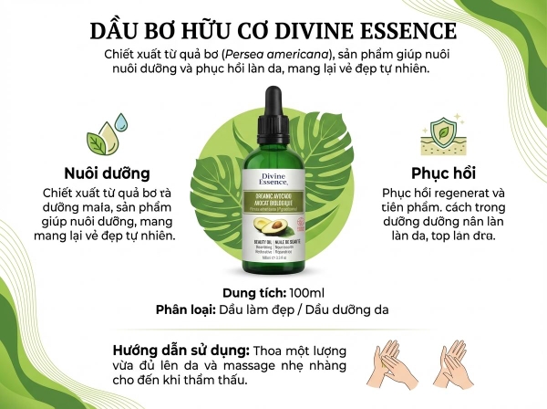 [30ml - 100ml] Dầu Bơ Hữu Cơ Dưỡng Da & Tóc Divine Essence Organic Avocado Beauty Oil - Phục Hồi, Cấp Ẩm Chuyên Sâu