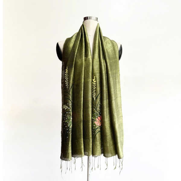 Khăn lụa tơ tằm Việt Nam 100% màu xanh olive