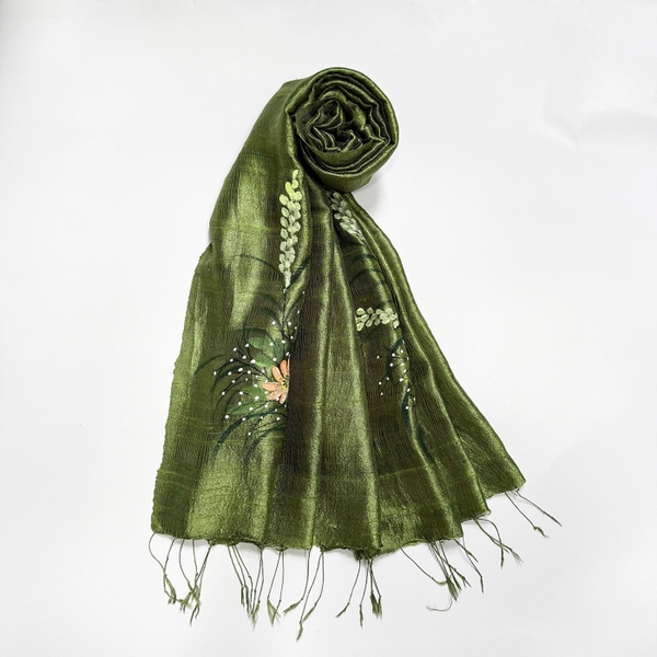 Khăn lụa tơ tằm Việt Nam 100% màu xanh olive