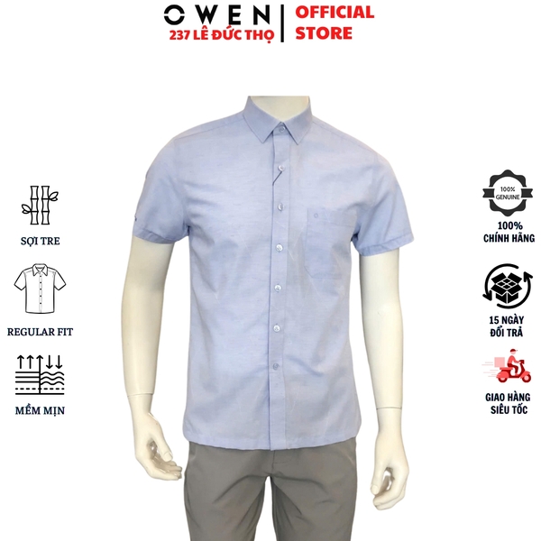 Áo sơ mi nam tay ngắn Owen AB250080NT màu xanh tím dáng suông Body fit tà bằng có túi chất liệu bamboo poly
