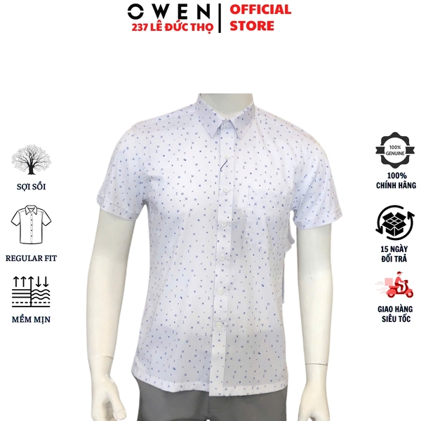 Áo sơ mi nam tay ngắn Owen AB240689NT màu trắng in họa tiết dáng suông Body fit tà bằng có túi chất liệu Modal Poly
