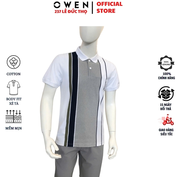 Áo thun polo Nam Tay Ngắn Có Cổ Owen APV253609 màu trắng phối xanh xám Dáng suông body fit tà bằng xẻ tà chất liệu cotton