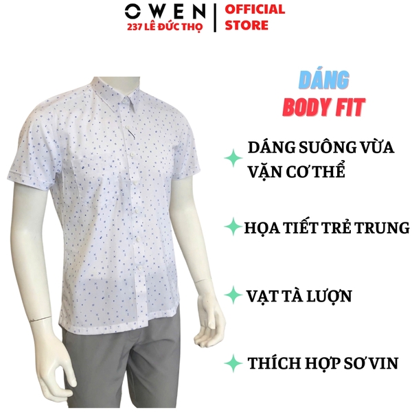 Áo sơ mi nam tay ngắn Owen AB240689NT màu trắng in họa tiết dáng suông Body fit tà bằng có túi chất liệu Modal Poly