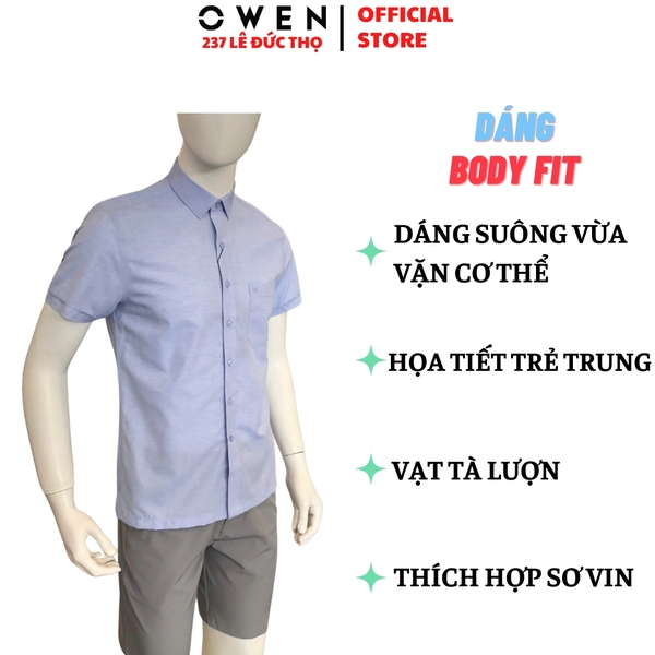 Áo sơ mi nam tay ngắn Owen AB250080NT màu xanh tím dáng suông Body fit tà bằng có túi chất liệu bamboo poly