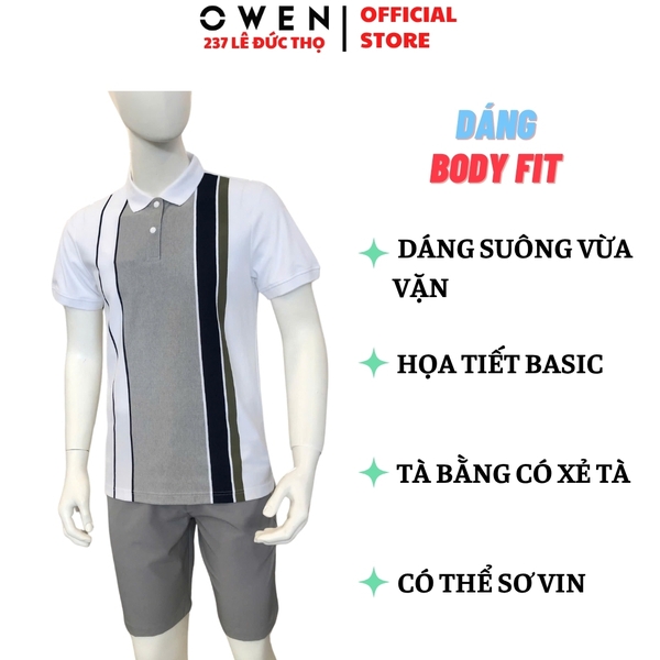 Áo thun polo Nam Tay Ngắn Có Cổ Owen APV253609 màu trắng phối xanh xám Dáng suông body fit tà bằng xẻ tà chất liệu cotton