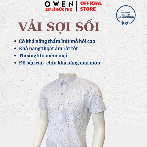 Áo sơ mi nam tay ngắn Owen AB240689NT màu trắng in họa tiết dáng suông Body fit tà bằng có túi chất liệu Modal Poly