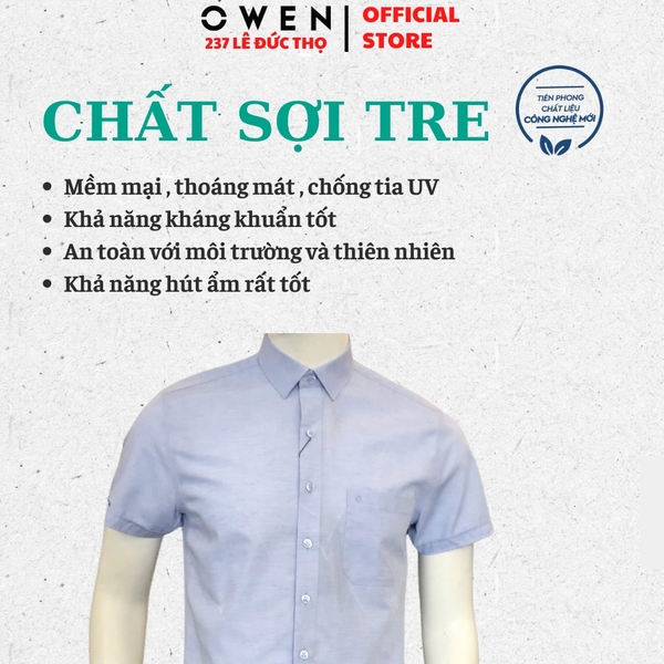 Áo sơ mi nam tay ngắn Owen AB250080NT màu xanh tím dáng suông Body fit tà bằng có túi chất liệu bamboo poly
