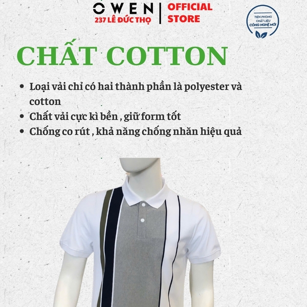 Áo thun polo Nam Tay Ngắn Có Cổ Owen APV253609 màu trắng phối xanh xám Dáng suông body fit tà bằng xẻ tà chất liệu cotton