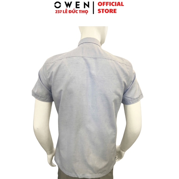 Áo sơ mi nam tay ngắn Owen AB250080NT màu xanh tím dáng suông Body fit tà bằng có túi chất liệu bamboo poly