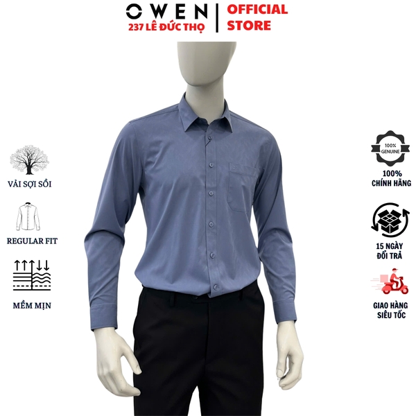 Áo sơ mi nam tay dài Owen AR255008DT màu xanh đậm dáng suông regular fit tà lượn có túi chất liệu sợi sồi