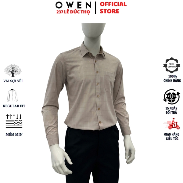 Áo sơ mi nam tay dài Owen AR255003DT màu be kẻ caro dáng suông regular fit tà lượn có túi chất liệu sợi sồi